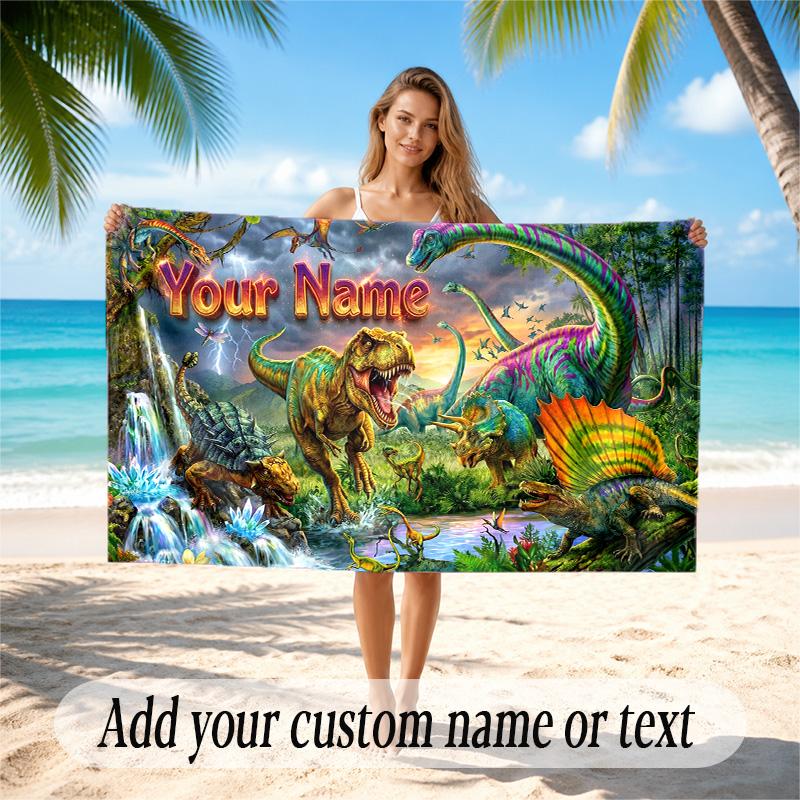 Dinosaur Theme Quick Dry Beach Towel Custom Name Text Print Large Sand Resistant Towel Beach Vacation
