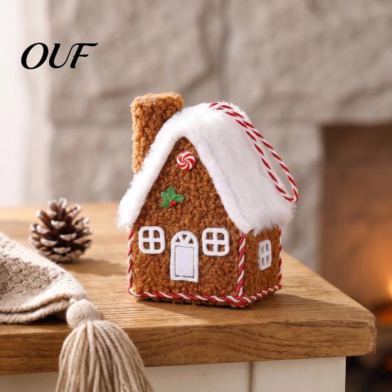 Tiered Tray Display Figurine Plush Christmas House Hanging Ornament, Fabric Gingerbread Cabin Pendant with Red And White Keepsake Rope, Xmas Tree for