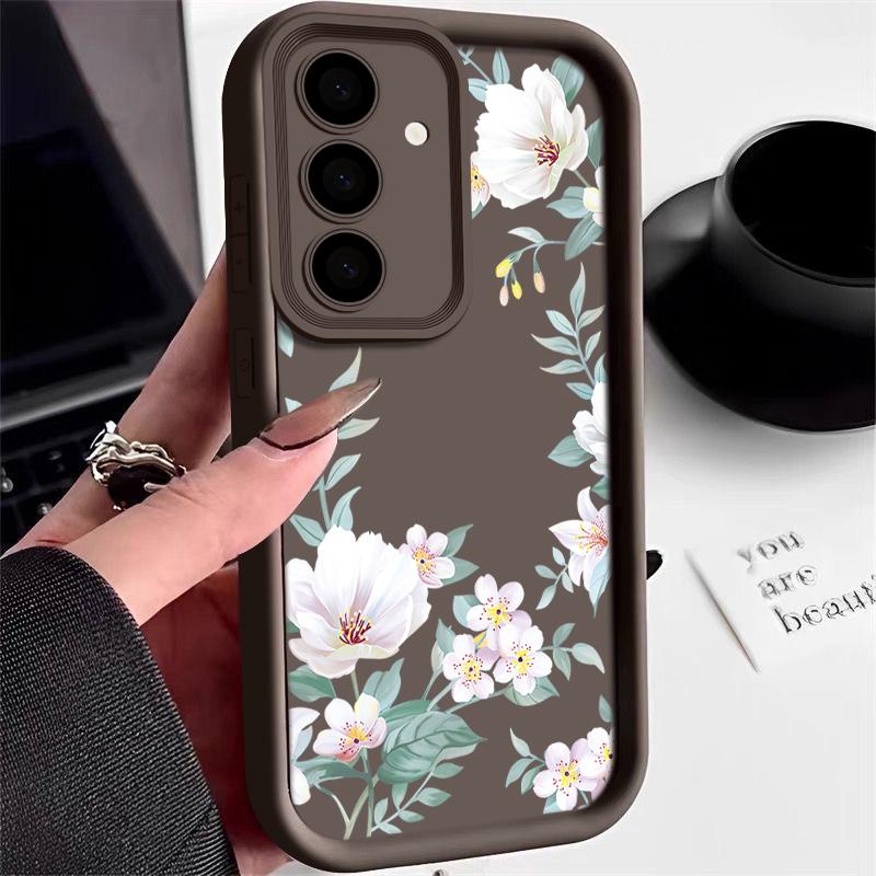 White Flower Pattern Matte TPU Soft Phone Case For Samsung S25 Plus S24 FE S23 Ultra S22 A56 A36 A16 A15 A55 A06 A05 A35 A34 Shockproof Bumper Cover