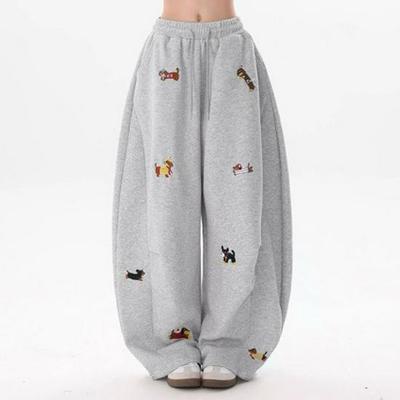 Unisex retro siuvinėtos šuniukų plačios kelnės - tinginio stilius, tiesios klešnės, kreivo peilio dizainas pavasariui ir rudeniui