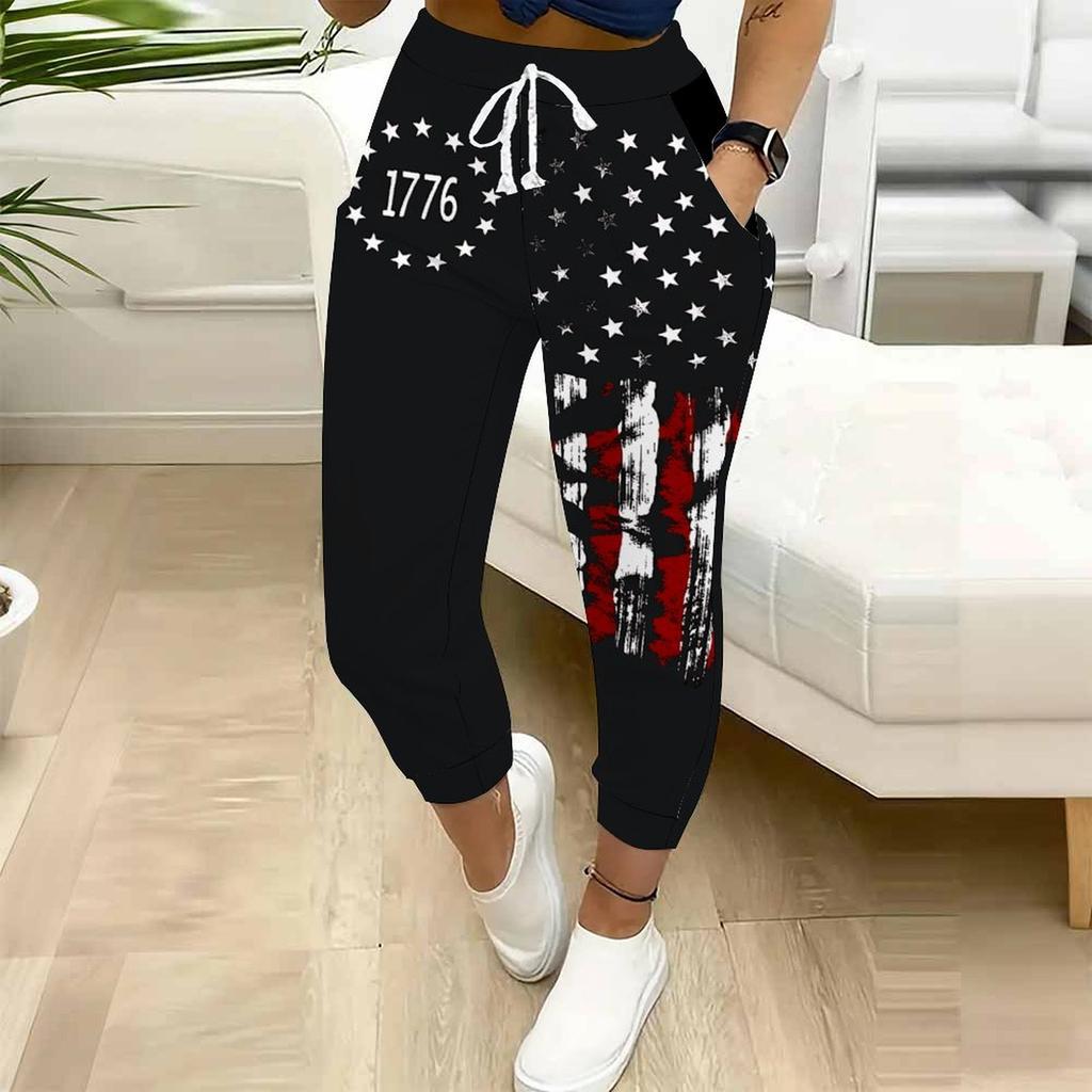 Summer Ladies  United States Printed Sweatpants Loose Fit Drawstring Joggers Elastic Cuff Daily Casual Pants