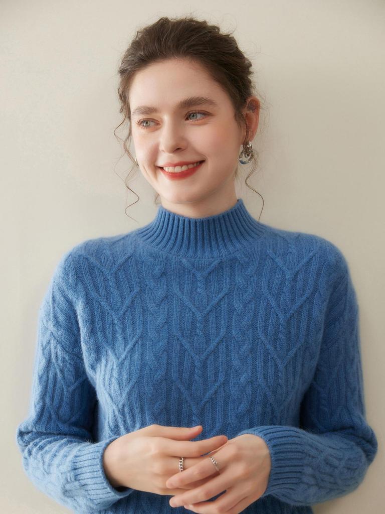Women's Thickened Half-High Neck Cable Knit Cashmere Sweater - Soft, Versatile Autumn/Winter Pullover