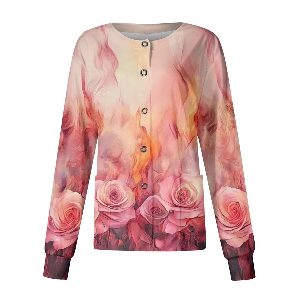Women's Casual Long Sleeve Single Breasted Floral Print Caregiver Cardigan Top Lightweight Button Up Shirt for Daily Wear