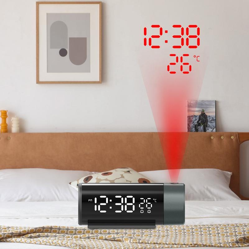 Digital Dual Alarm Clock LED Projector Thermometer Desk Bedroom Bedside 180° Rotation Projection Snooze Clocks USB Phone Charge