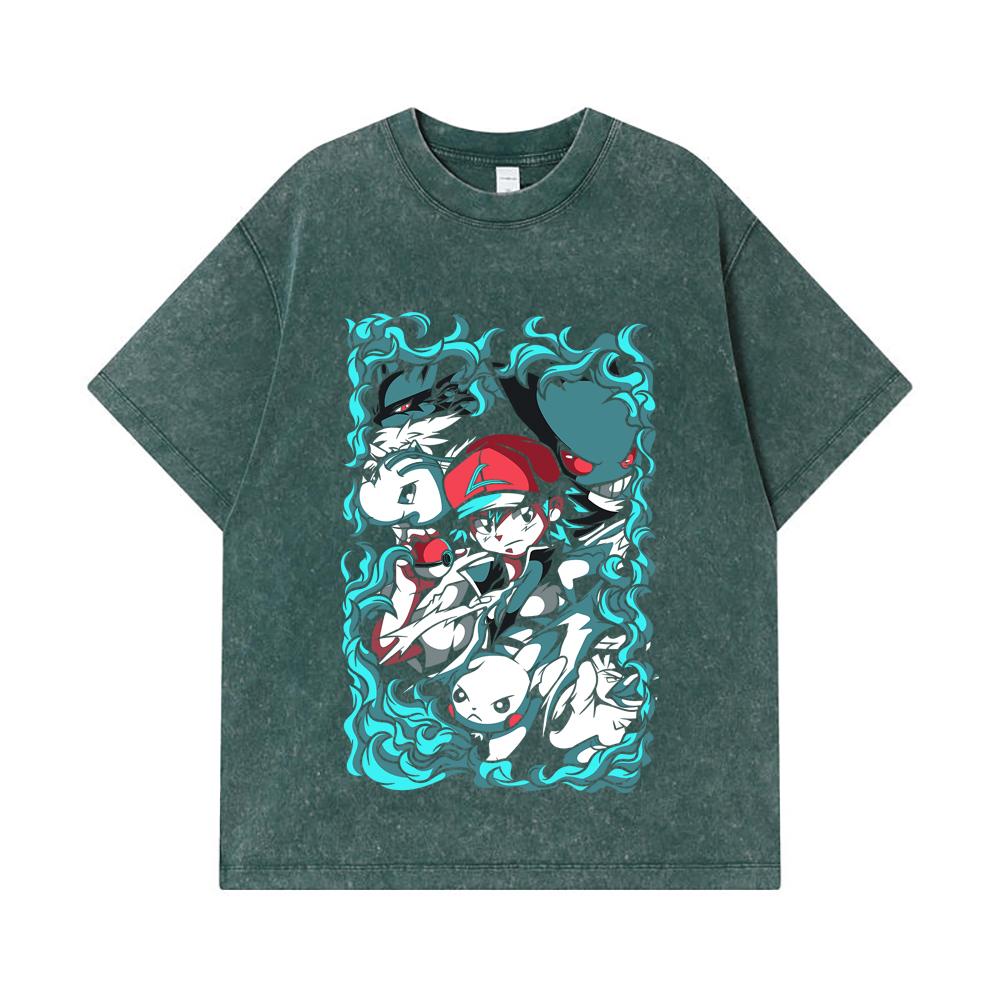 275 GSM Washed T-shirts 100% Cotton Pokemon V26 Print Unisex Heavy Cotton T Shirt