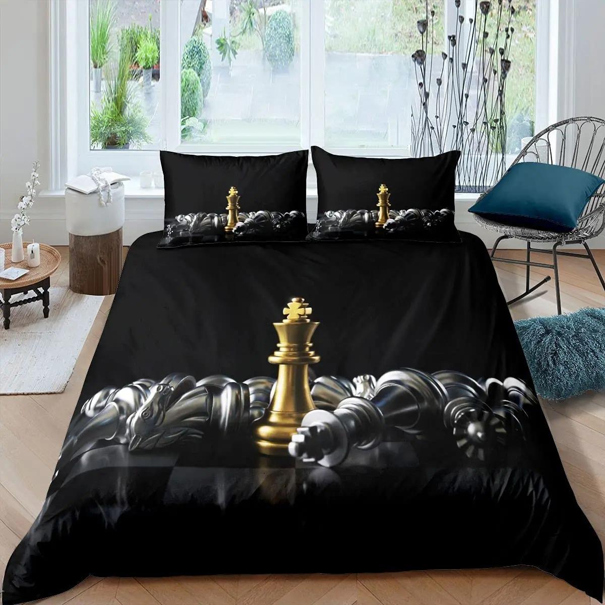 

International Chess Duvet Cover Set Queen Size Chess Lovers Постельное белье для детей и взрослых Микрофибра Черная основа 23 шт Пододеяльник AU Double 180x210cm