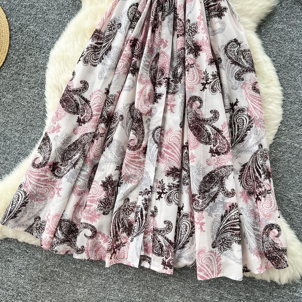 Summer Women Vintage Print Short Sleeve Turn-down Collar Single Breasted Long Midi Party Shirt Dresses with Belt