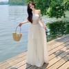 One-Word Schulterkleid Damen Sommer Neu Weiß Langkleid Spitzen-Spleißung Urlaubsrock