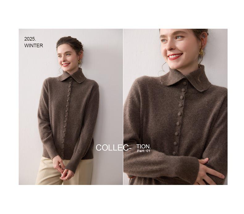 Women's Soft Solid Color Cashmere Knit Cardigan with POLO Collar