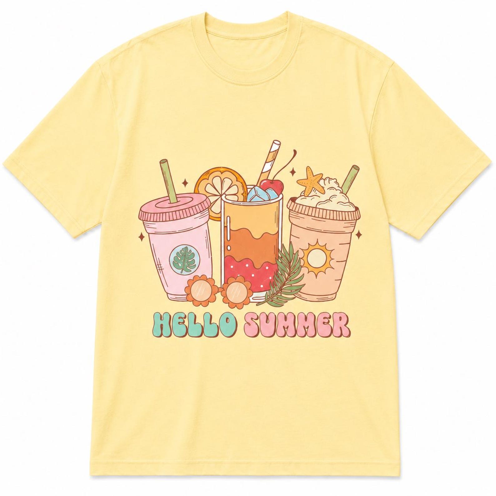 Hello Summer Drinks Graphic Tee, Retro Pastel Beach Vacation Shirt S