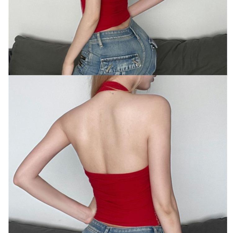 Damen Vintage-Stil Bedrucktes Halter-Top mit Schriftzug – Sexy Rotes Rückenfreies Sommer-Top