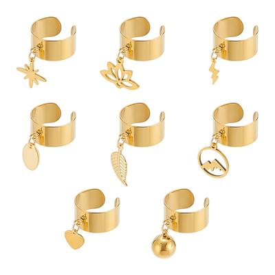 8Pcs 8 Styles 304 Stainless Steel Open Cuff Finger Ring, with Stainless Steel Charms, Mixed Shapes, Golden, Inner Diameter: 17~18mm, 1pc/style