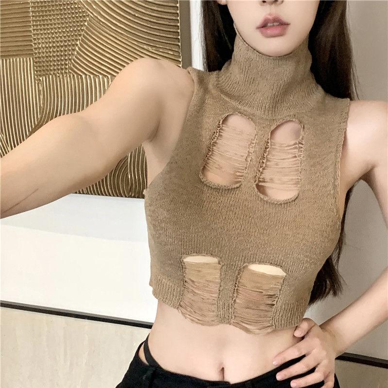 Summer Turtleneck Knitted Vest Women Sexy Hollow Out Sleeveless Slim Tank Top