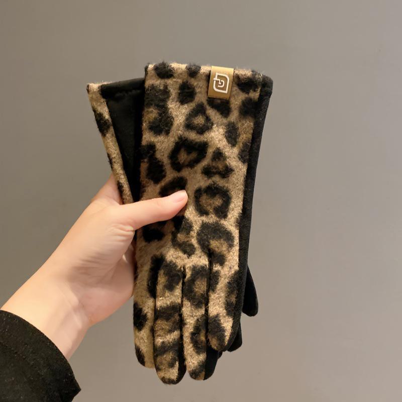 Touchscreen-Handschuhe aus Kaschmir mit Leopardenmuster für Damen zum Reiten und Autofahren im Winter