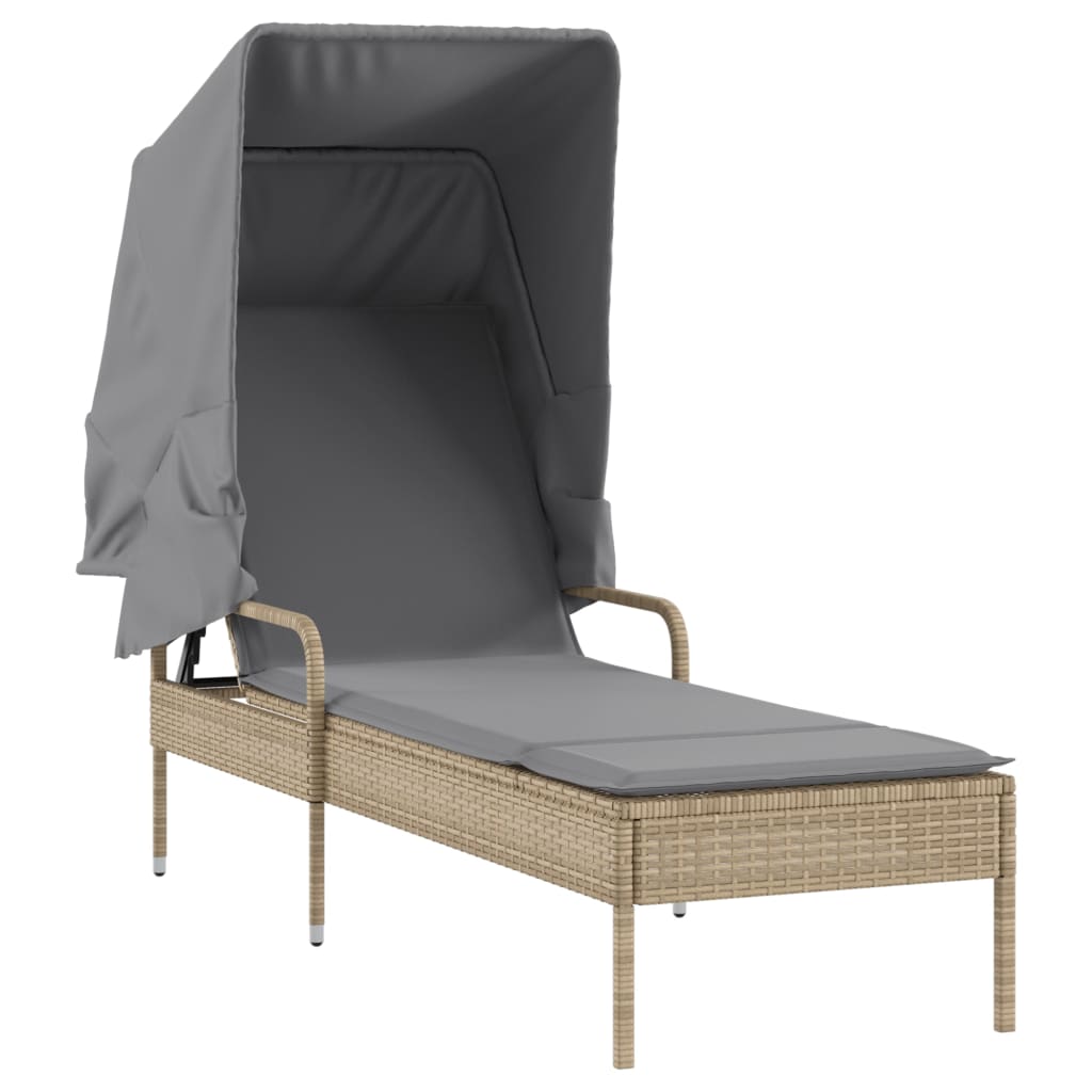 2 Piece Sun Lounger Set with Canopy and Table Beige Poly Rattan