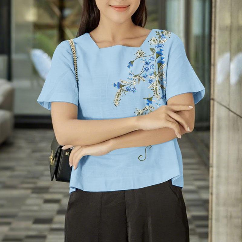 ZANZEA Women Summer Square Collar Casual Short Sleeve Embroidery Blouse