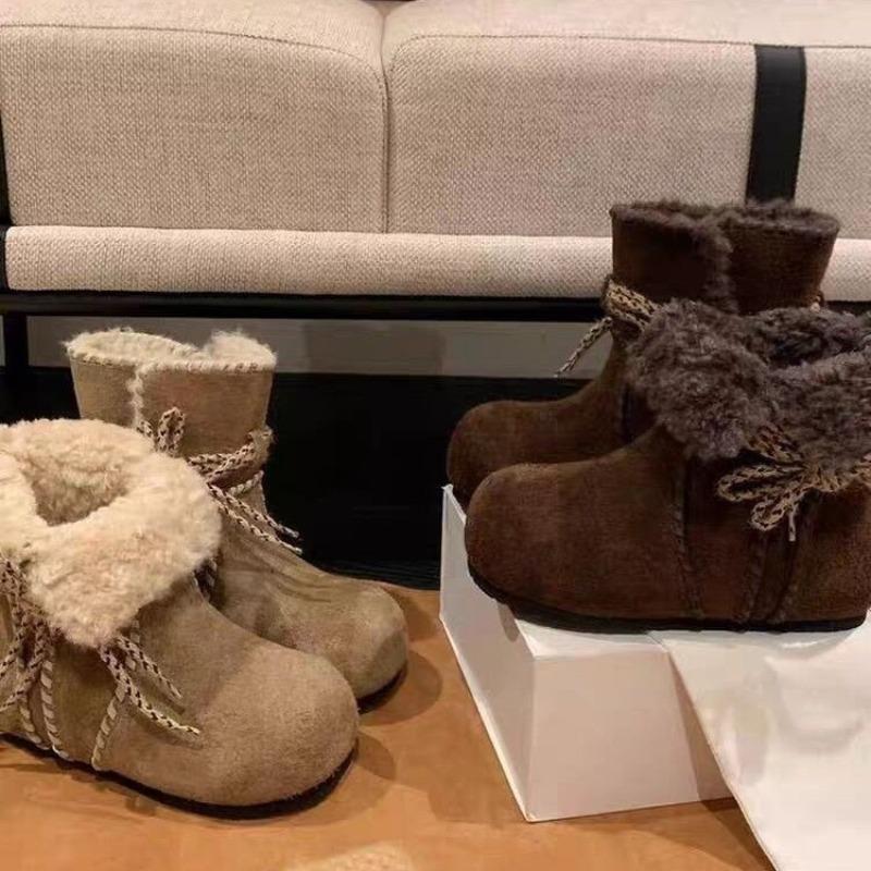 Women's fur one thick bottom heightening winter lightweight padded warm snow boots non-slip wear casual sports lace-up cotton boots