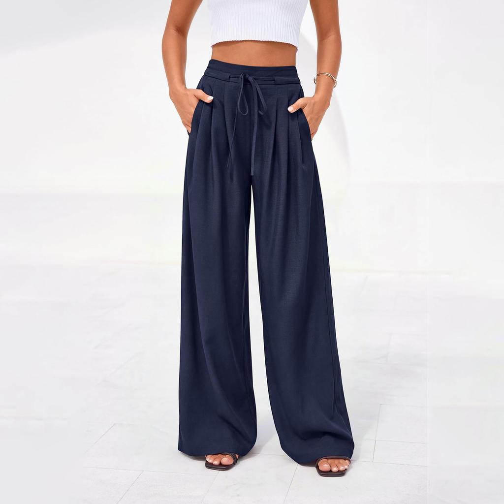 Women's Casual Pleated Wide Leg Pants with Pockets Elastic Waist Drawstring Loose Fit Trousers for Daily Wear