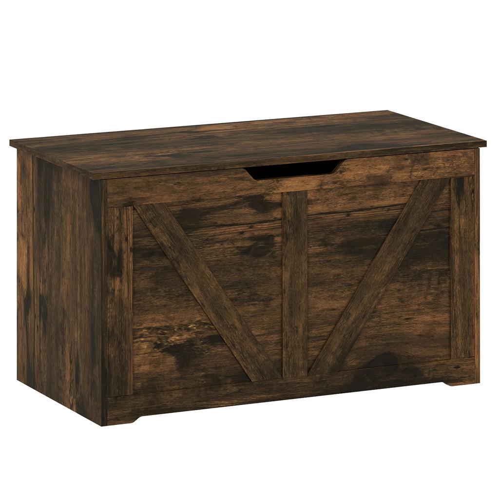 100L Home Storage Box, with Safety Hinge - Rustic Brown Wood-Effect