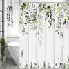 Green Eucalyptus Shower Curtain, Spring Watercolor Botanical Leaf and Flower Shower Curtain for Bathroom, Waterproof Fabric, Sho