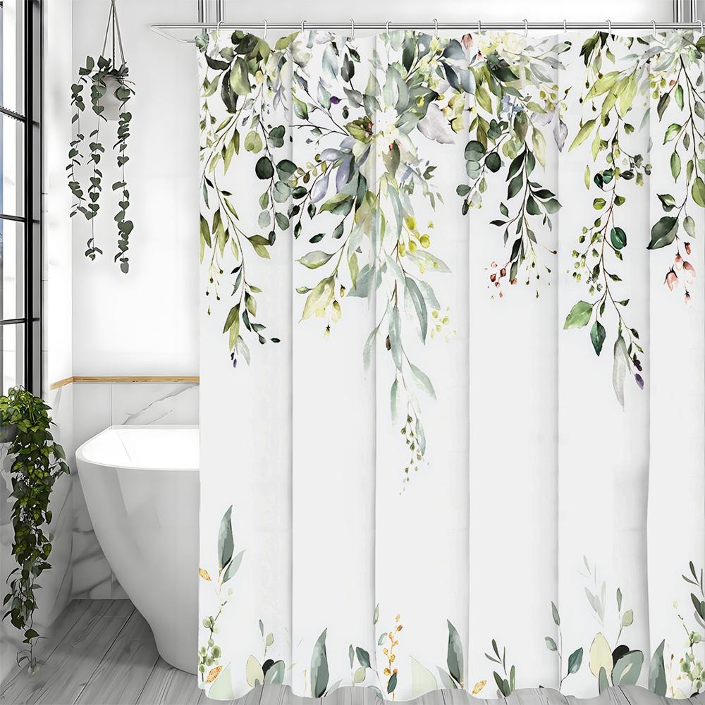 Green Eucalyptus Shower Curtain, Spring Watercolor Botanical Leaf and Flower Shower Curtain for Bathroom, Waterproof Fabric, Sho