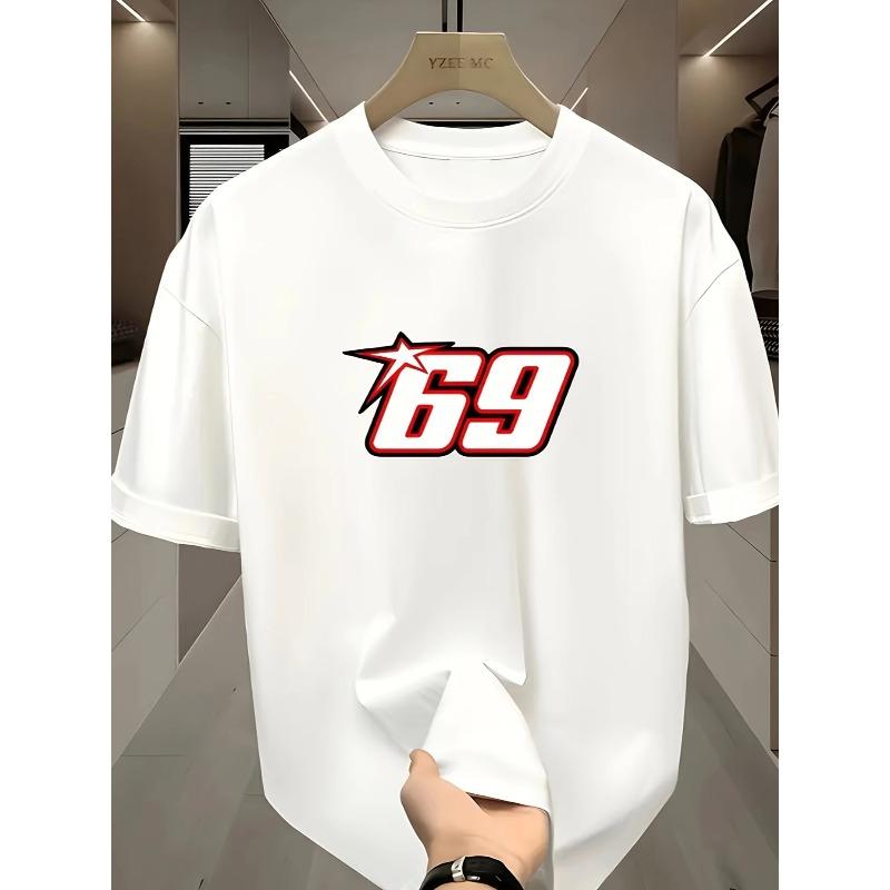 European sizes Men'S Sports Short-Sleeved T-Shirt - Red 69 Number Pattern Print, Casual Summer Style, Daily Comfortable Geometric Pattern Top