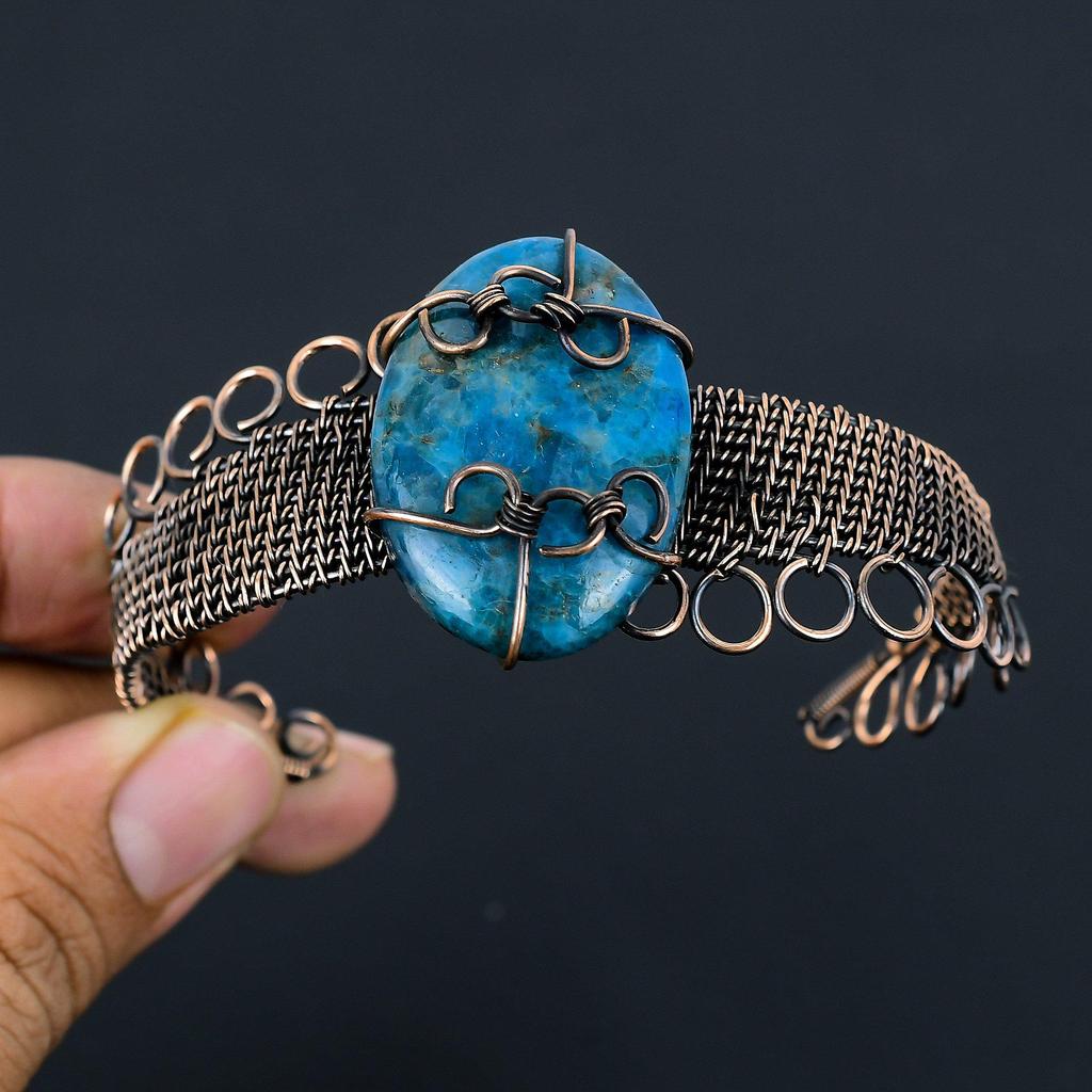 Neon Blue Apatite Pure Copper Wire Wrapped Handmade Jewelry Bangle Bracelet Adjustable For Gift