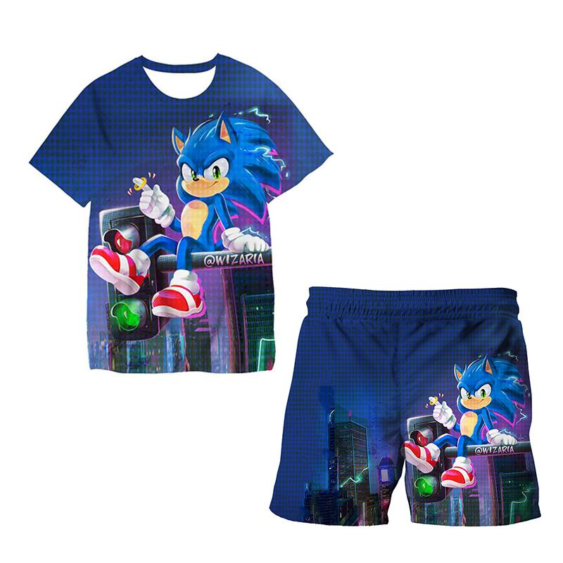 2025 MINISO Ny Japansk Tecknad Sonic 2 T-shirt Barnens Topp Shorts Tvådelat Set Sommar Pojke Tecknad Söt SONIC T-shirt+ Strandbyxor