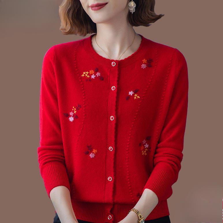 Autumn Winter Women's Wool Cardigan Round Neck Embroidered Knitted Jacket Cardigan Top