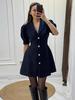 Women's Single Breasted V-neck Dress Women's Short Sleeved Waist Cinched Dress 2026
