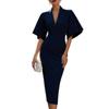 2026 Womens V-Neck Flared Sleeve Fitted Midi Dress Elegant Office Party Wear