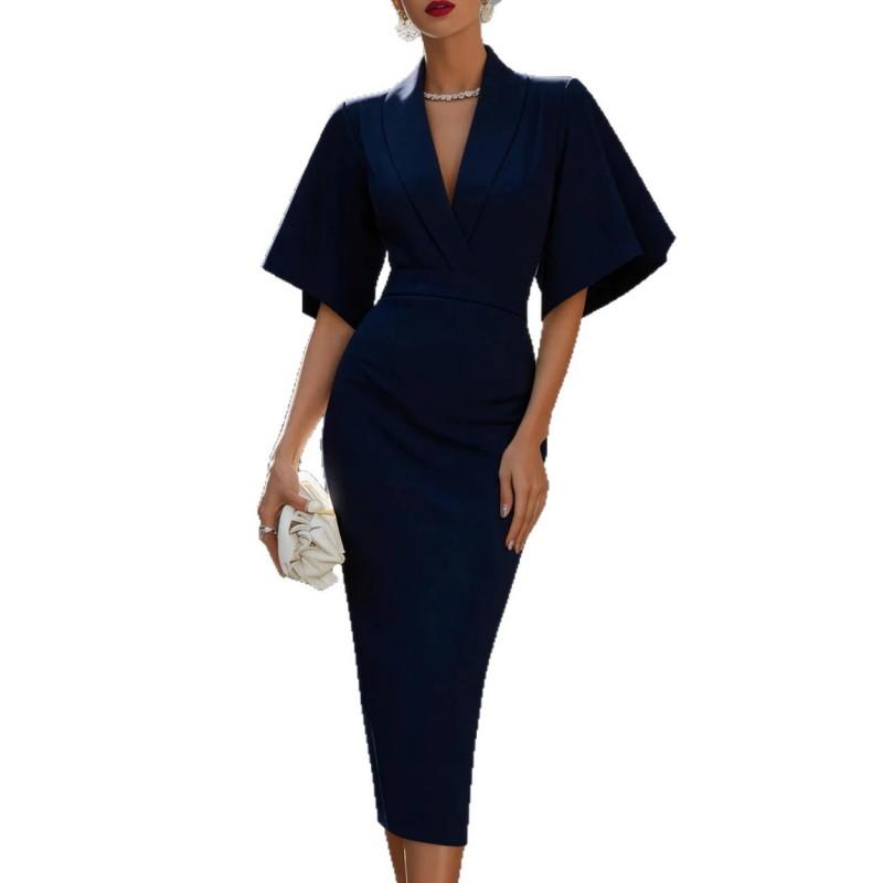 2026 Womens V-Neck Flared Sleeve Fitted Midi Dress Elegant Office Party Wear