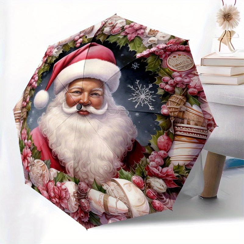 Santa Claus, Christmas wreath Theme 8 Bone Hand Automatic Folding Umbrella, Compact and Portable Design, A Perfect Gift for Birthday, Christ
