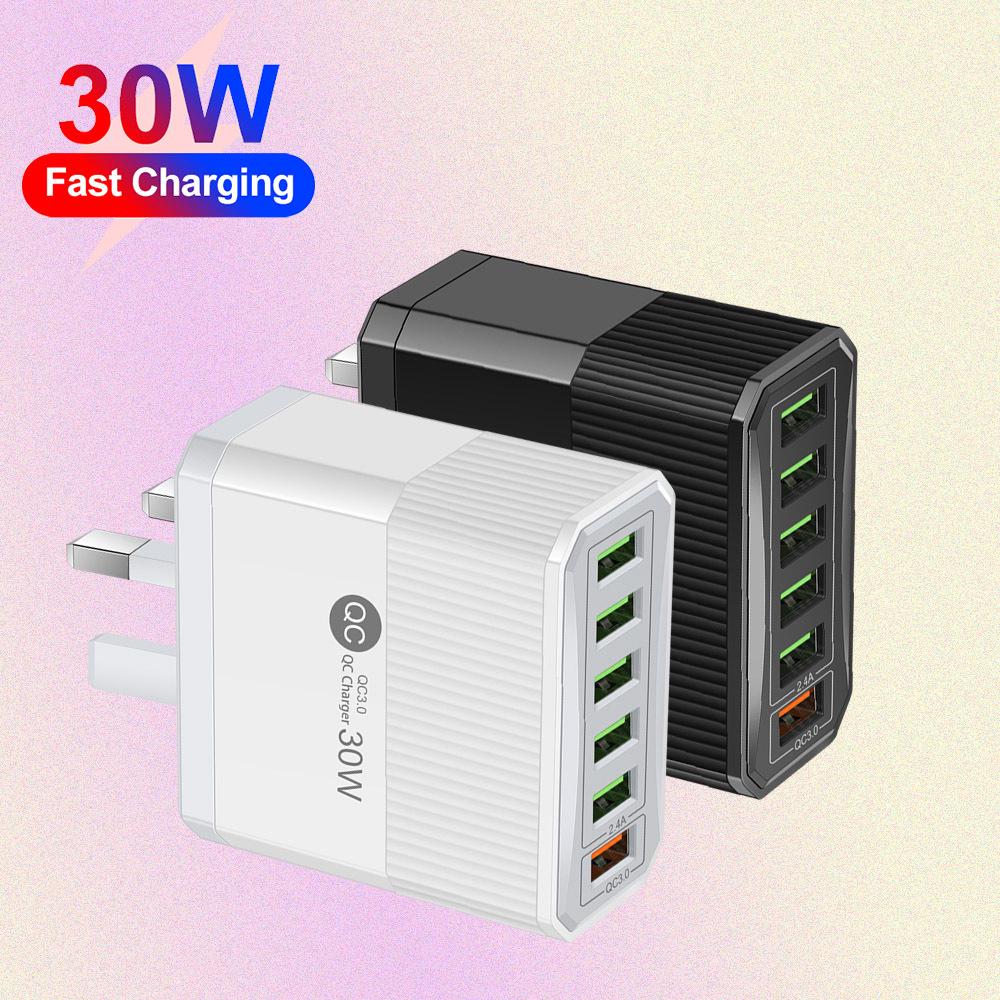 6-Port QC3.0 Fast Charger 30W with EU/US/UK/KR Plugs