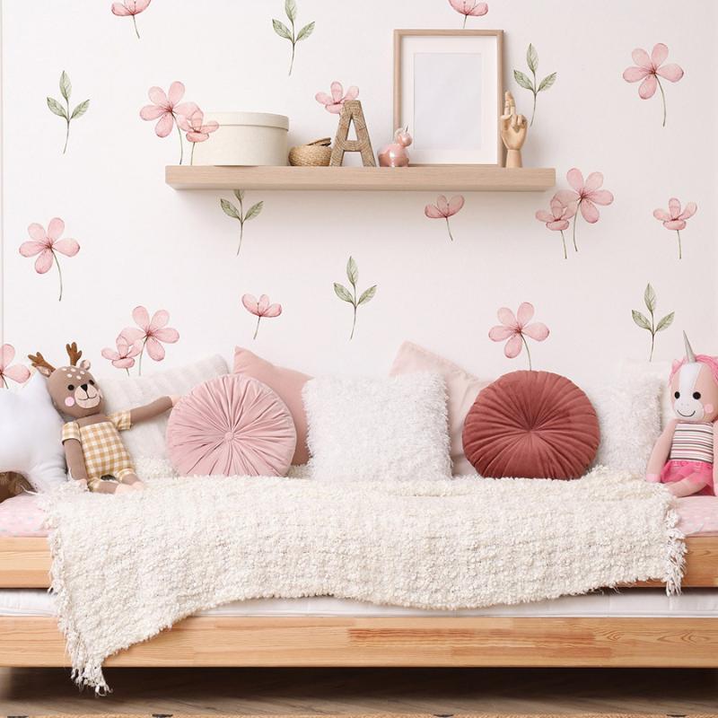 1Set Bedroom Girl Room Pastel Flower Botanical Plant Wall Decal Watercolor Meadow Floral Wall Sticker Playroom Living Room Decor