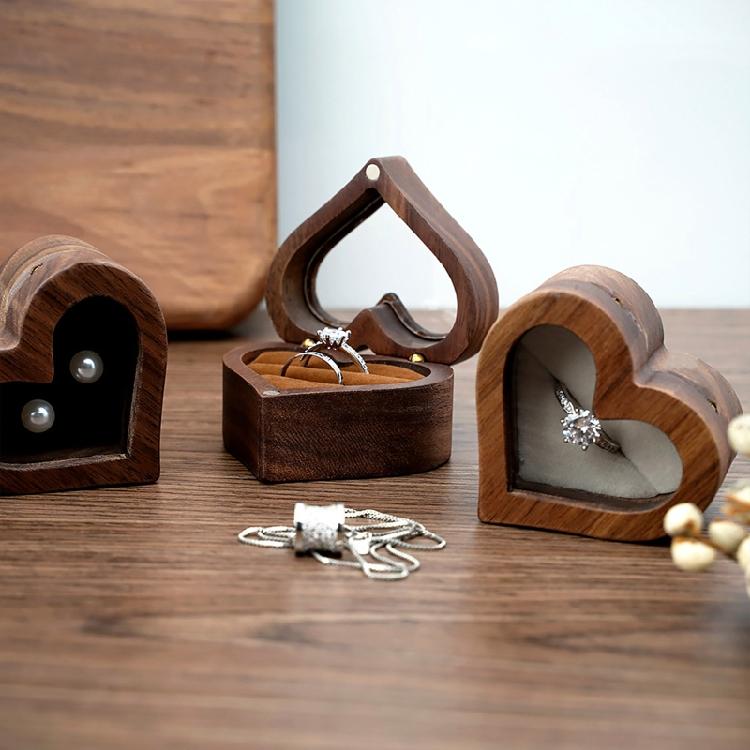 Heart-shaped Solid Wood Ring Box Velvet Soft Inner Bag Jewelry Storage Bag