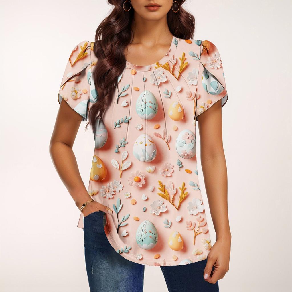 Women's Fashionable Round Neck Short Sleeve Printed Casual Basic Pleated Pullover T-shirt Top
