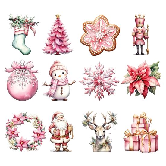 Christmas Tree Baubles 12/24/36Pcs Pink Wooden Ornaments Set, Snowman Santa Hanging Aesthetic Decors, Xtmas Hanigings with Ropes for Home Decor