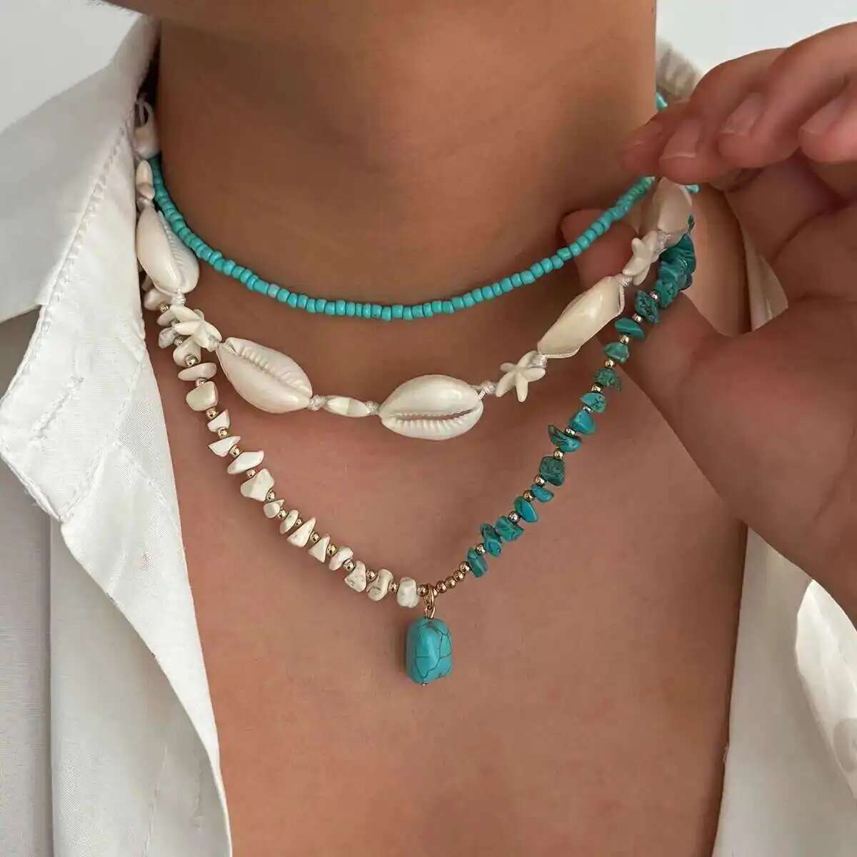 

Ingemark 3Pcs/Set Boho Starfish Conch Acrylic Bead Chokers Necklaces for Men Summer Beach Blue Stone Pendant Necklace Jewelry синий