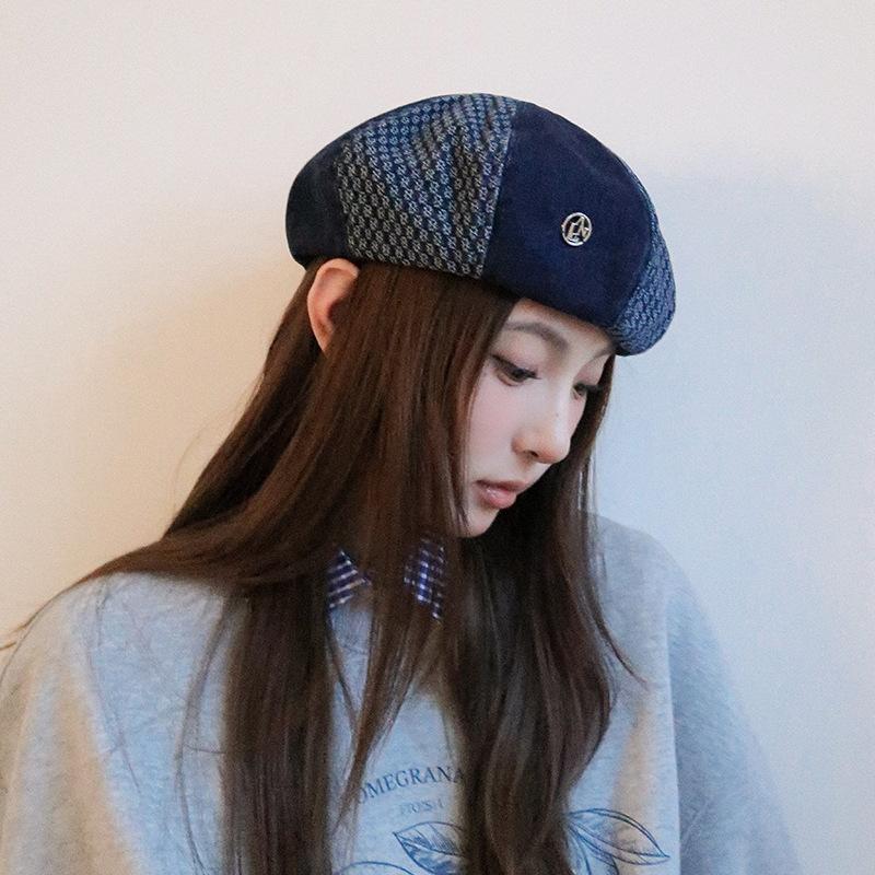 25 early autumn new niche splicing denim beret women's printing trendy painter hat
