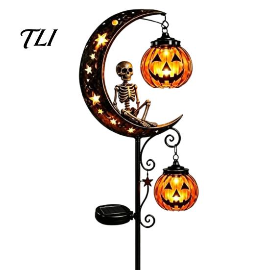 Glowing Pumpkin Landscape Lights Solar Halloween White Ghost Moon Garden Stake Light, Waterproof LED Automatic Powered Lamps Yard Decoration,