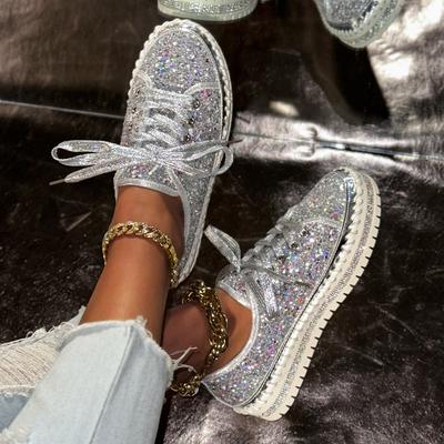 Spring and Summer Hand-sewn Casual Single Shoes Women's New Diamond-encrusted Platform Fashion Sequined Muffin Lace-up Women's Shoes