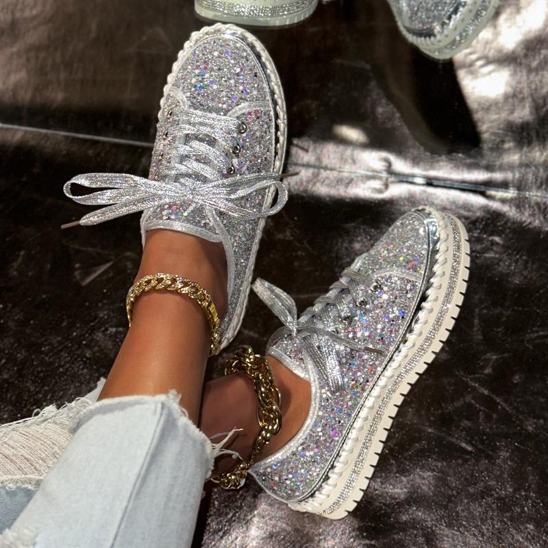 Spring and summer hand-sewn casual single shoes women's new diamond-encrusted platform fashion sequined muffin lace-up women's shoes