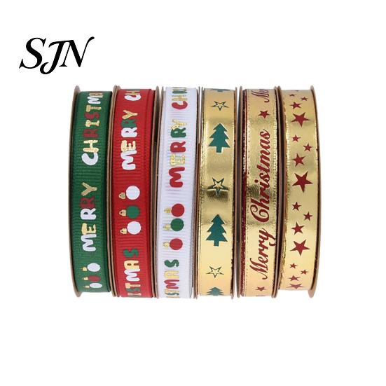 Decorative Crafting Ribbon for Flowers Christmas Gold Foil Ribbon, Merry Fabric Shiny Printed Apple Wrapping Holiday Gift Packing, Xmas Party