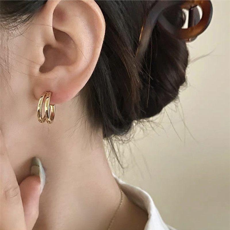Metal Double Layer Hoop Earrings Ear Clip without Pierced Female Minimalist All-Match Temperamental Stud Earrings Special-Interest Earrings Tide