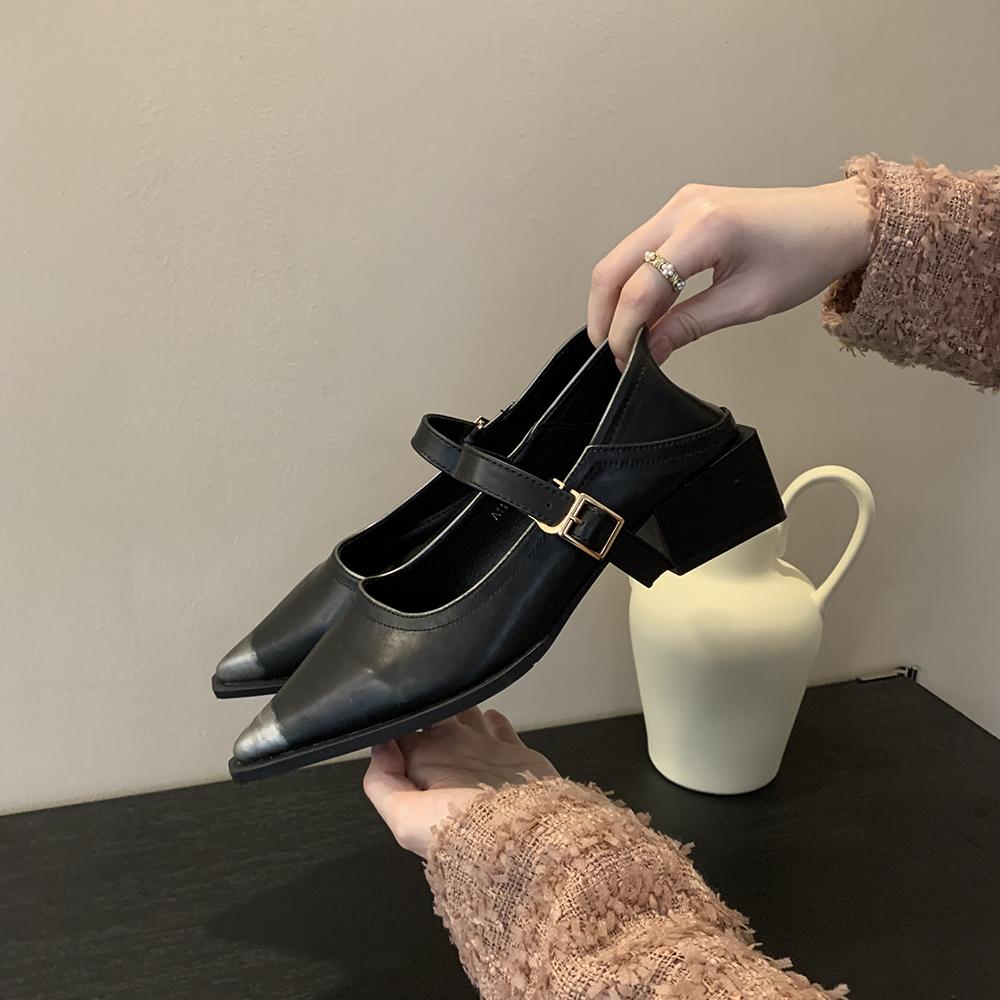 

модные черные коричневые женские мокасины с острым носком осенне-весенние туфли женские с пряжкой на ремне модные туфли женские на среднем каблуке размер 35-39 5.5 чёрный