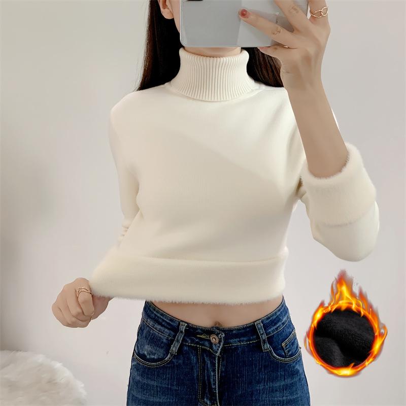 Zimowy sweter z golfem damski sweter z dzianiny Slim Tops elegancki gruby aksamitny podszewka ciepły sweter dżersejowy sweter dzianinowy