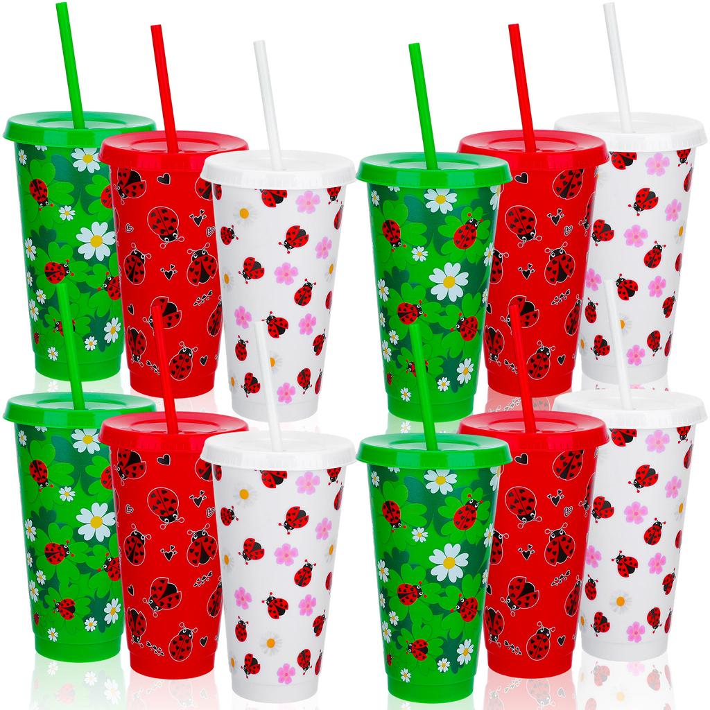 12 Pcs Ladybug Birthday Party Cups 24Oz Plastic Tumblers With Lids And Straws Reusable Iced Coffee Water Bottle Cold Beverage Dr