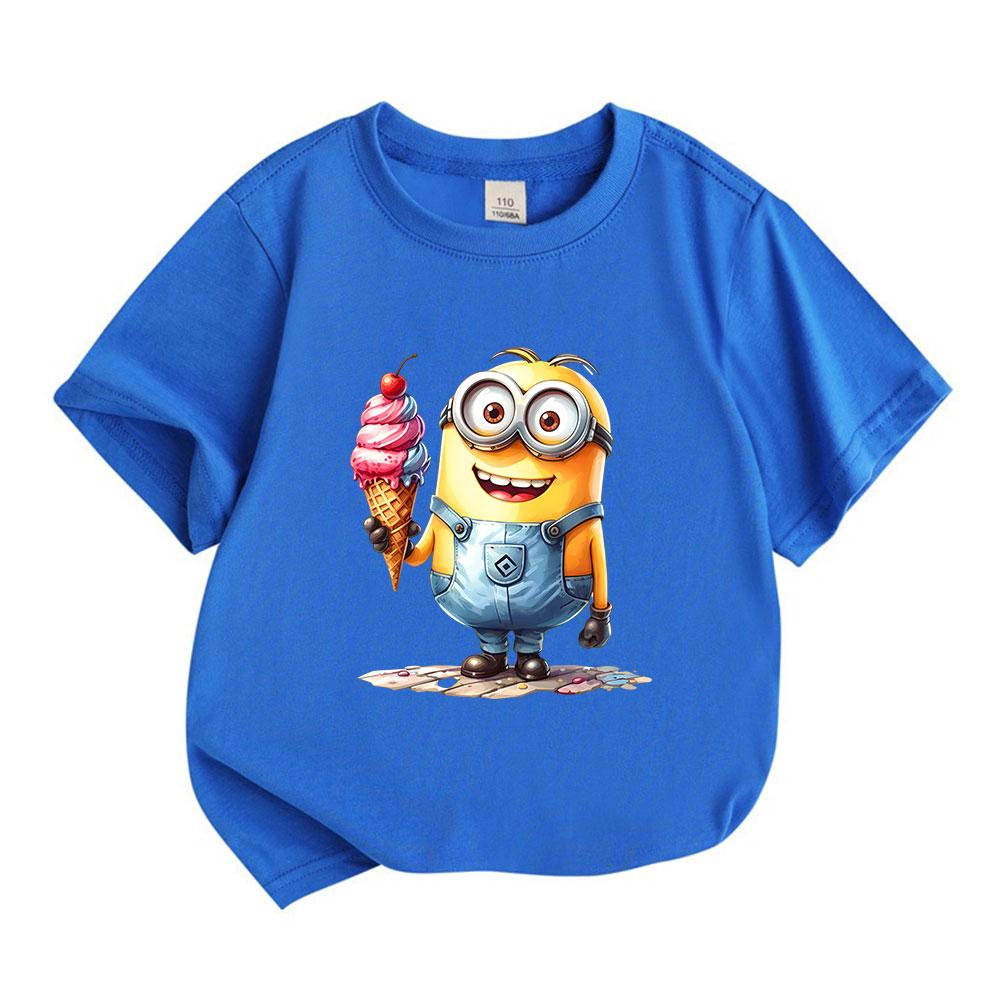 Kids Boys Girls Crew Neck Short Sleeve 100% Cotton T-Shirt, Cute Yellow Cartoon Character Hold Ice Cream Print Casual Soft Breathable Summer Tee Tops