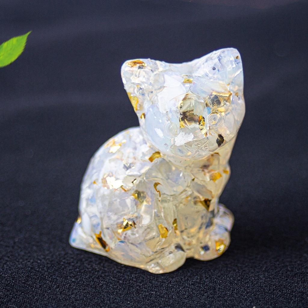 Natural Crystal Gravel Resin Sitting Turning Face Cat Figurine With Gold Foil Cute Desktop Decor For Home Office